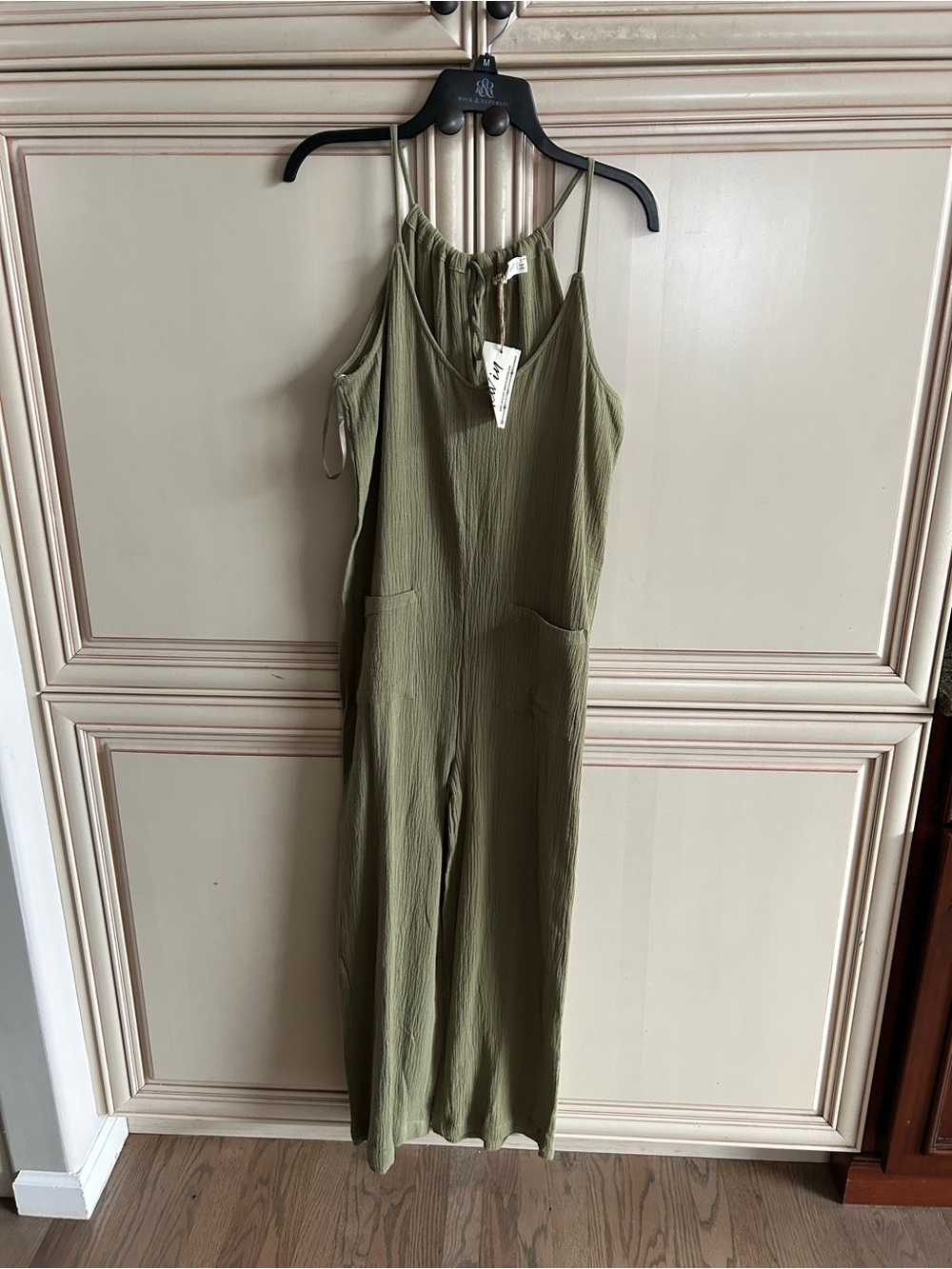 New In Olive Green Cotton Gauze Sleeveless Romper with Pockets Wide Leg Tie Back